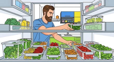 Man organizing a modern refrigerator filled with healthy, pre-portioned meals in containers, showcasing efficient meal prep for a nutritious and balanced lifestyle
