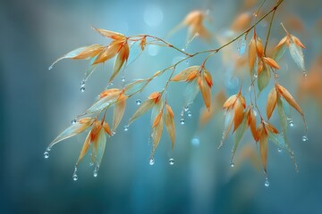 Obraz premium Delicate golden plant stems glistening with dew drops on a soft blue bokeh.