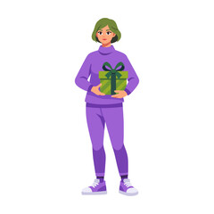 woman with short green hair, wearing a purple winter sports outfit, holding a large green striped gift box with a dark green bow, vector flat illustration on white background