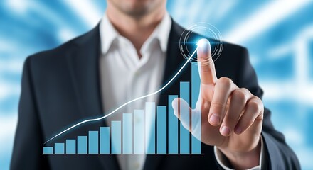 Business analyst reviewing holographic stock chart showing active market performance and investment trend progress.