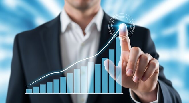 Business analyst reviewing holographic stock chart showing active market performance and investment trend progress.