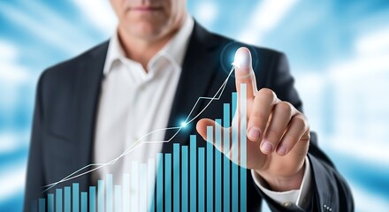 Confident businessman displaying upward financial graph hologram symbolizing successful investment and strong market performance.