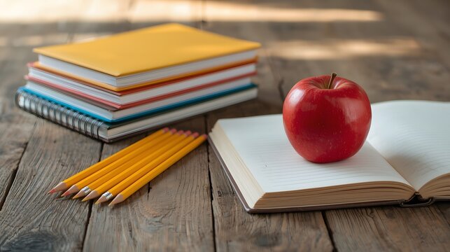 Still life of red apple on open notebook with school supplies on wooden desk
