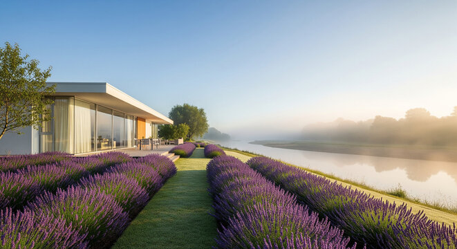 riverside villa with beautiful fields of lavender flowers