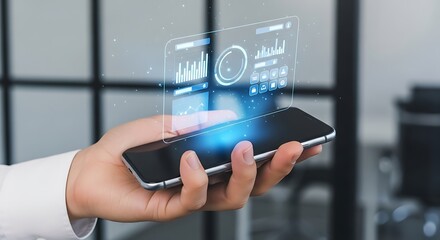 Modern smartphone displaying holographic financial analytics interface for mobile business data management and insights.