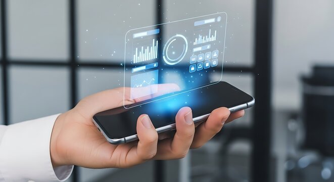 Modern smartphone displaying holographic financial analytics interface for mobile business data management and insights.