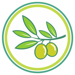 Stylized olive branch with green olives inside a circular border symbolizes natural food and healthy products