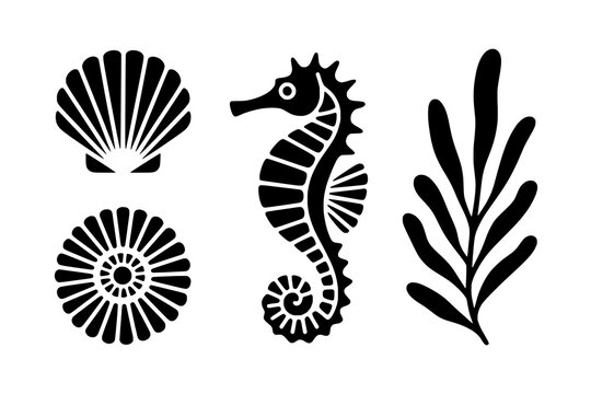 Set of Five Black and White Marine Life Icons: Scallop, Seaweed, Seahorse, Kelp, and Ammonite, featuring Outline and Solid Silhouette Styles with Etched Details