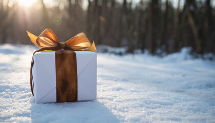A single white gift box with a golden ribbon sits on the snow in a winter forest with warm sunlight filtering through the trees.