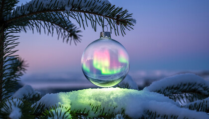 A Christmas ornament on a snowy pine branch reflects the aurora borealis in the twilight sky.