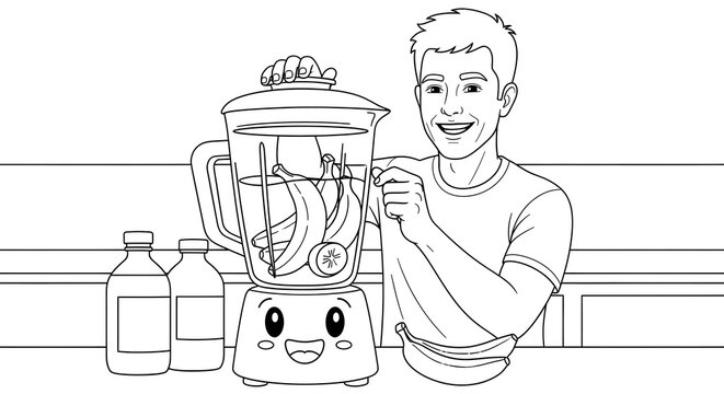 Smiling man preparing a healthy banana smoothie with a blender and fresh fruit for a nutritious beverage