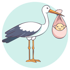 Fototapeta premium Delivery Stork Carrying Newborn Cartoon Illustration Welcoming New Baby