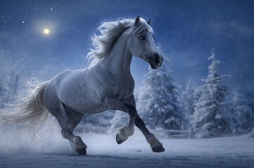 A beautiful gray horse galloping through a snowy forest on a moonlit night, symbolizing 2026