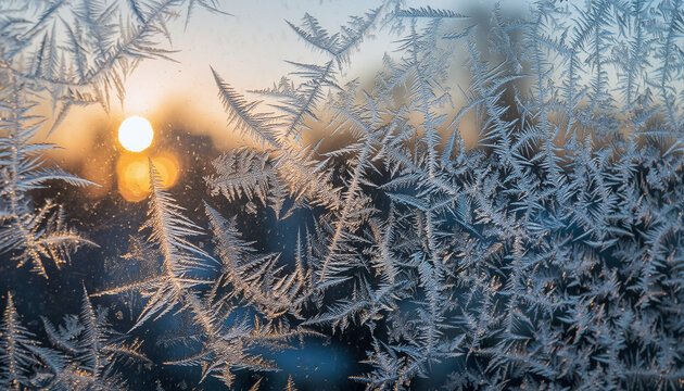 Intricate ice crystals form delicate patterns on a window pane as the sun shines brightly through the frosted glass.