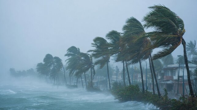 Intense winds bend palm trees as rain pours down heavily in a coastal location. Waves crash fiercely against the shore, creating a dramatic scene of nature's power.
