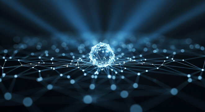 Glowing polygonal core connects nodes in a futuristic digital network visualization.
