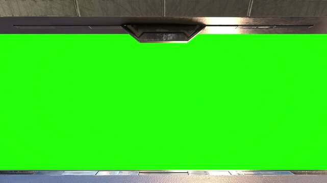 Futuristic Metallic Door with Green Screen for Video Editing Sleek Industrial Design with Worn Character and Special Effects Potential

