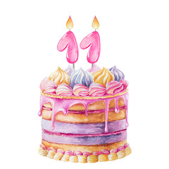 Cream cake with pink drips and number eleven candle hand drawn watercolor illustration isolated on white. Delicious sweet dessert clip art in pastel colors for holiday cards and birthday party designs