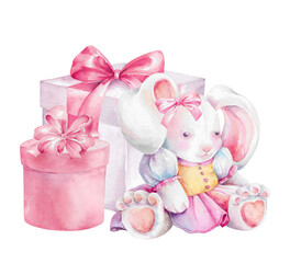 Soft plush bunny toy in dress, gift boxes with satin ribbon bows. Hand drawn watercolor illustration isolated on white. Delicate pastel colored clipart for children's birthday holiday party designs