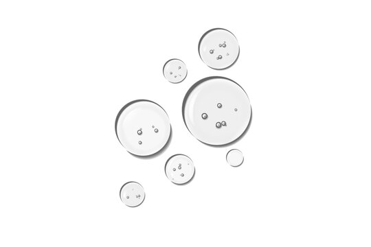 Realistic transparent water or oil droplets or drops on wet clear  surface with crystal clarity circle, rounded water-drop, gel or serum. Fresh clear liquid drop texture, honey bubbles, moisture