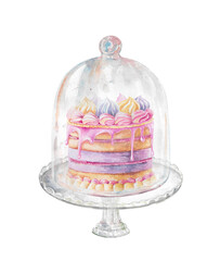 Cake with whipped cream on cake stand under cloche. Hand drawn watercolor illustration isolated on white. Delicate pastel colored clipart for food, confectionery, holiday birthday party designs