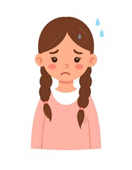 Cartoon girl with brown pigtails looking sad, with sweat drops