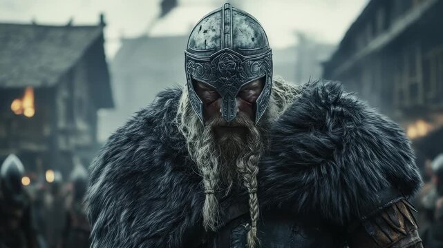 Fierce Viking Warrior with Braided Beard in Helmet and Fur, Medieval Village Setting, Ready for Battle, Dramatic Lighting