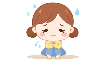 Cartoon girl with sad expression and tears, isolated on white