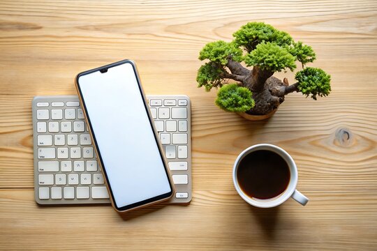 Top view of a smartphone on a keyboard with coffee and bonsai tree
