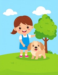 Cartoon girl with her happy dog on a leash enjoying a sunny day outdoors