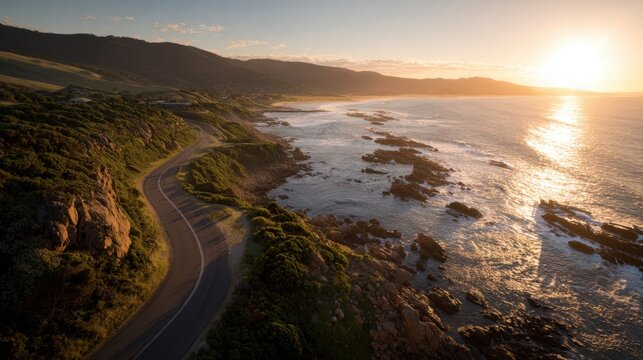 A winding coastal road hugs the rocky shoreline as the sun sets, casting a warm glow over the ocean. Waves lap against the shore in a tranquil scene. - Powered by Adobe