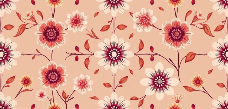 Fototapeta Elegant warm neutral hand-drawn floral tile pattern, seamless vintage design,  surface,  wallpaper