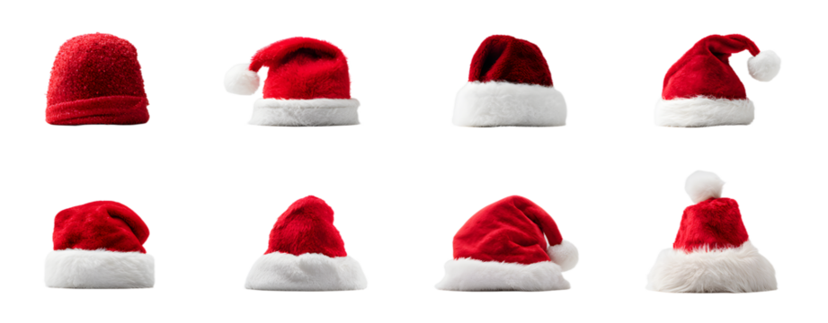 Collage with Santa Claus hats set, closeup objects. Isolated on transparent background. Christmas and New Year celebration - Powered by Adobe