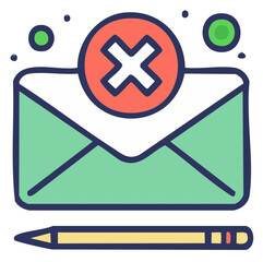 Obraz premium Rejected email illustration with pencil and red circle cancel symbol, communication concept.