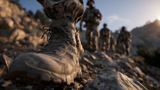 Close-up of Military Boot on Rocky Terrain with Soldiers in Background, Focus on Footwear, Camouflage Uniforms, and Rugged Landscape