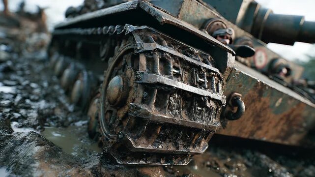 Detailed Close-up of a Mud-Covered World War II Tank Track Navigating a Harsh, Muddy Terrain, Illustrating Historical Warfare and Challenging Conditions.