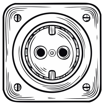 Illustration of round European power outlet, black and white electric socket with screw