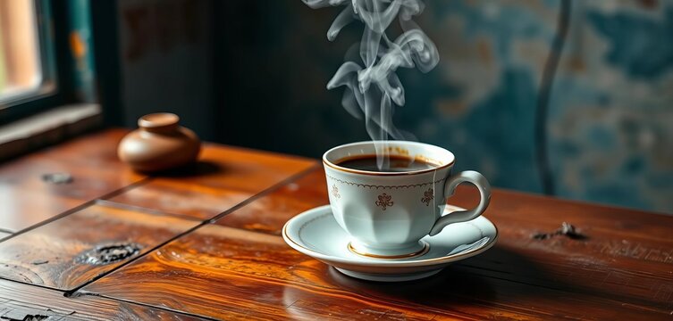 Steaming coffee in vintage cup on rustic table, brew, classic