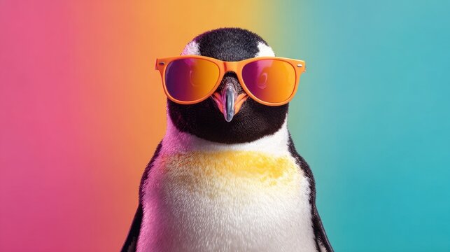 A penguin sports stylish sunglasses, standing confidently in front of a vibrant gradient background. This cheerful scene captures a moment of fun and whimsy.
