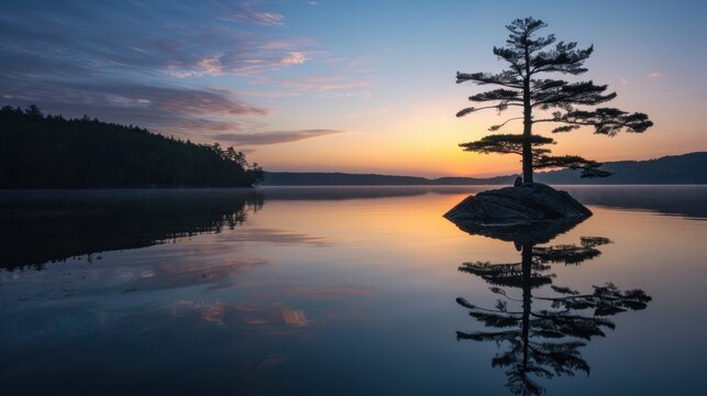A solitary pine tree stands on a rock in a calm lake at sunset. The sky is painted with hues of orange and purple, reflecting on the water's surface.