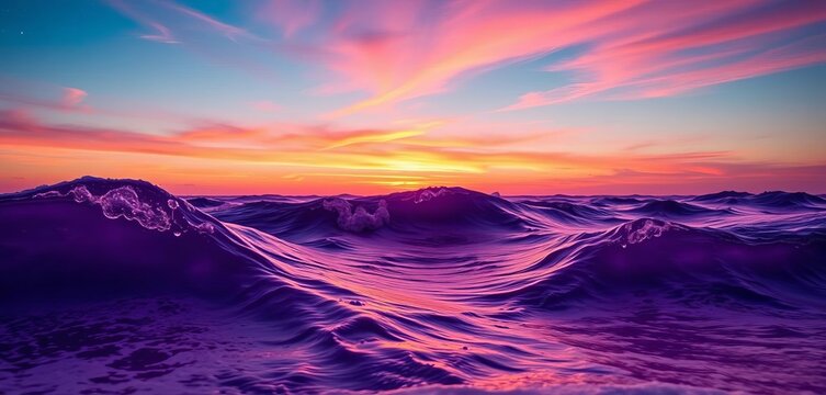 Sunset sky, playful purple waves with eyes, surreal ocean, starry night,  artwork,  texture - Powered by Adobe