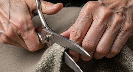 Close-up shot of elderly hands using scissors to cut fabric, symbolizing craftsmanship and the art of tailoring