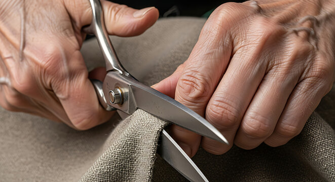 Close-up shot of elderly hands using scissors to cut fabric, symbolizing craftsmanship and the art of tailoring