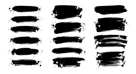 Dynamic set of black brush stroke elements for modern graphic designs and artistic compositions, ideal for adding texture and emphasis