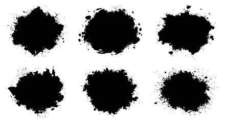 Dynamic set of six black ink splatters for creative design projects, ideal abstract art elements and grunge effects, versatile design assets