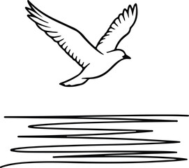 Illustrator flying dove above the sea black lines Silhouette vector