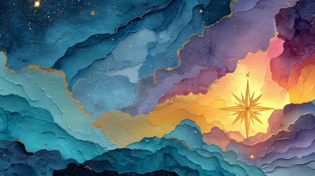 Watercolor Abstract Landscape with Compass Rose, Celestial Sky, Gold Accents, and Dreamy Atmosphere for Backgrounds and Creative Projects