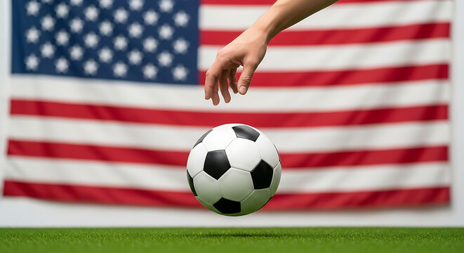 Hand reaching for soccer ball with American flag in background on green grass sport concept