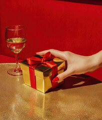 Female hand touching golden gift box with champagne glass	
