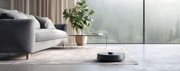 Sleek robotic vacuum cleaner in a modern living room with minimalist decor. Cleanliness, technology, convenience concept. Perfect for home, automation ads.